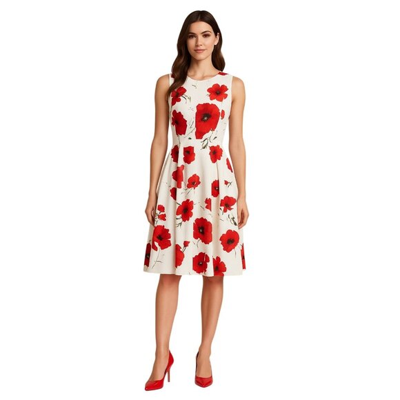Anne Klein Women's Fit & Flare Sleeveless Dress Bold Poppy Print 8 - Picture 1 of 12